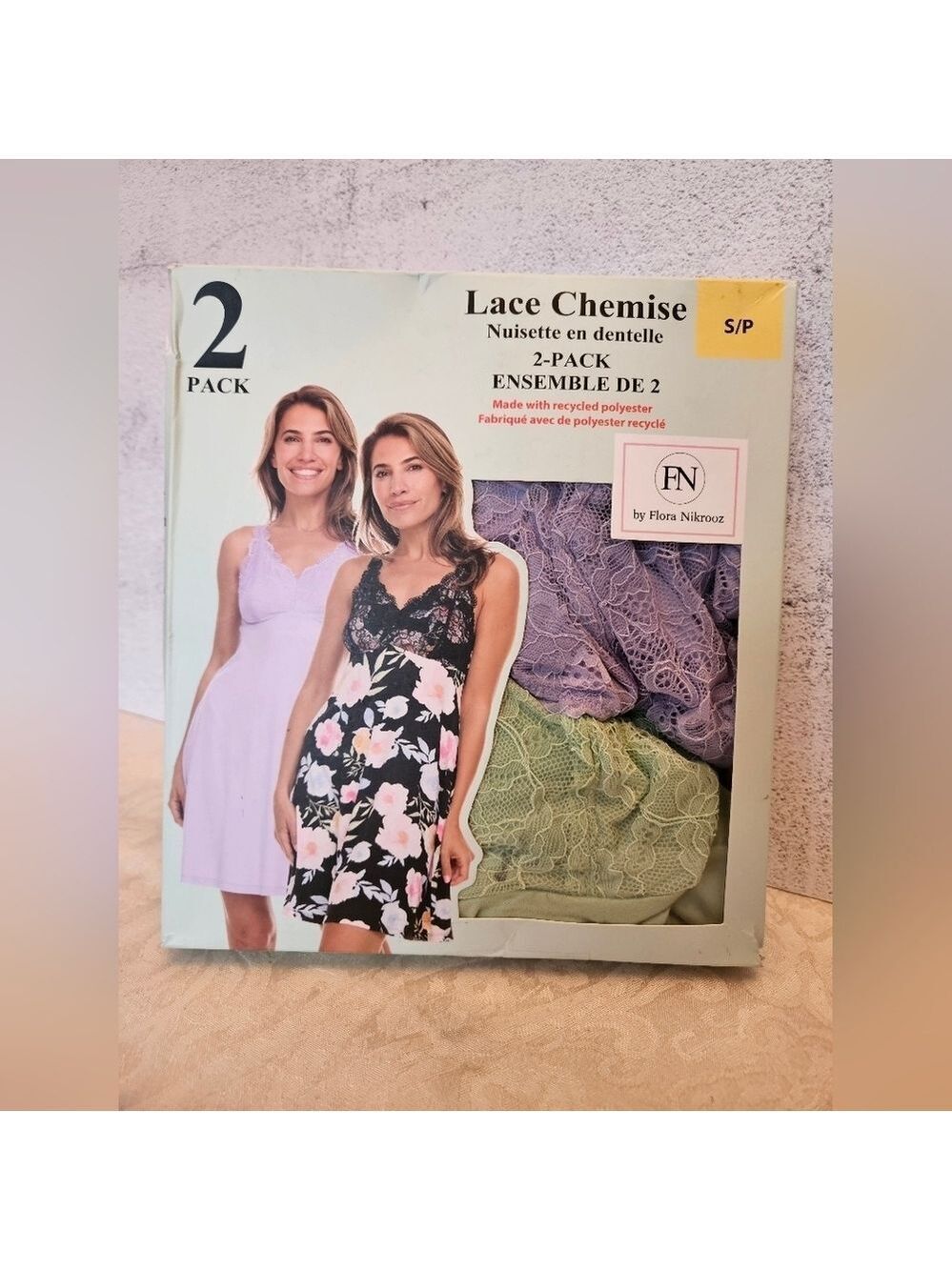 Flora Nikrooz Size Small Solid Green and Mauve 2 Pack of Lace Chemises